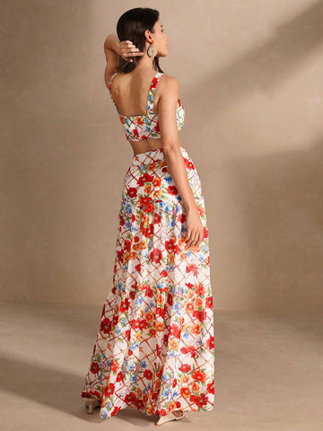 Anewsta Women's Romantic Vacation Style Floral Printed 2-Piece Set