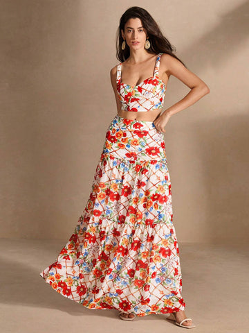 Anewsta Women's Romantic Vacation Style Floral Printed 2-Piece Set