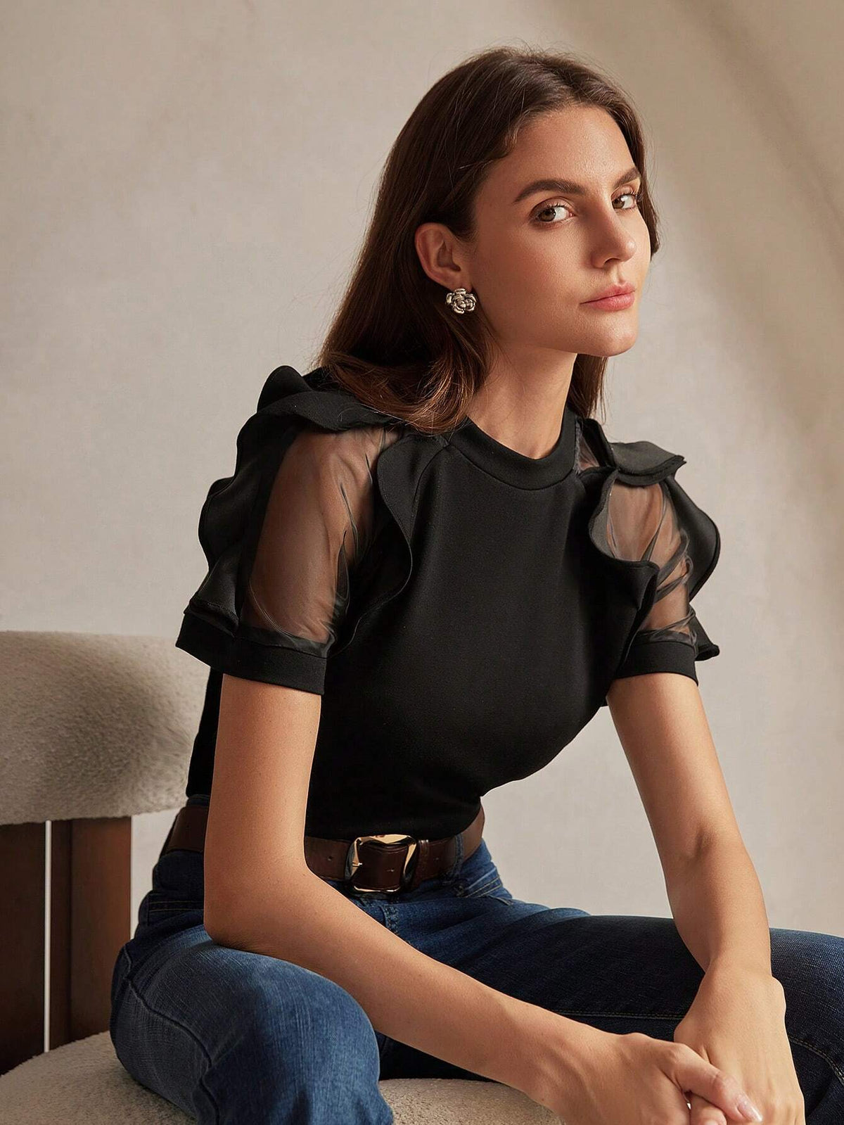 Women's Round Neck Ruffle Trim Fitted Elegant Charming Short Sleeve T-Shirt