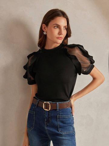 Women's Round Neck Ruffle Trim Fitted Elegant Charming Short Sleeve T-Shirt