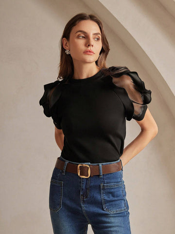 Women's Round Neck Ruffle Trim Fitted Elegant Charming Short Sleeve T-Shirt