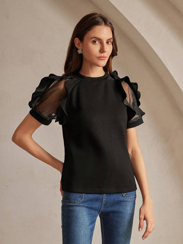 Women's Round Neck Ruffle Trim Fitted Elegant Charming Short Sleeve T-Shirt