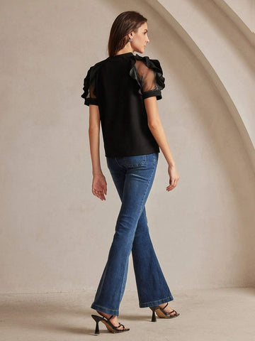 Women's Round Neck Ruffle Trim Fitted Elegant Charming Short Sleeve T-Shirt