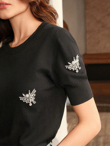 Women's Round Neck Short Sleeve Butterfly Rhinestone Decor Elegant Fitted T-Shirt, Summer Tee