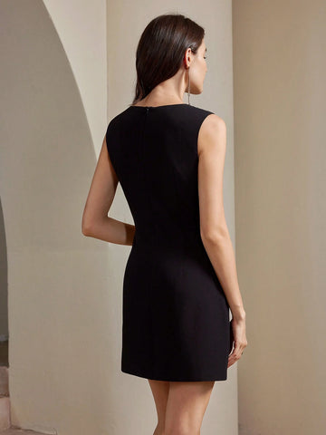 Anewsta Women's Round Neck Sleeveless Crystal Embellished Short Elegant Dress