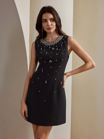 Anewsta Women's Round Neck Sleeveless Crystal Embellished Short Elegant Dress