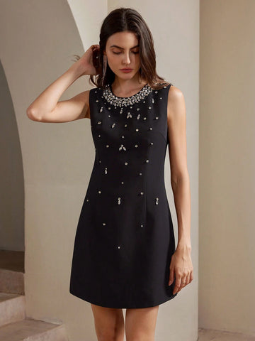 Anewsta Women's Round Neck Sleeveless Crystal Embellished Short Elegant Dress