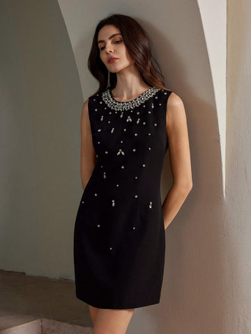 Anewsta Women's Round Neck Sleeveless Crystal Embellished Short Elegant Dress