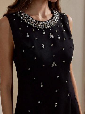 Anewsta Women's Round Neck Sleeveless Crystal Embellished Short Elegant Dress