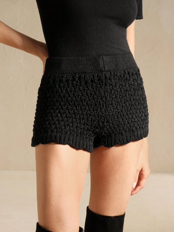 Anewsta Women's Sexy 3D Floral Jacquard Fitted Knit Shorts, Hotpants