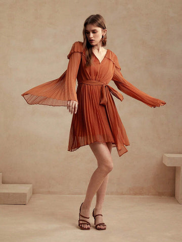 Anewsta Women's Short Pleated Dress With Waist Tie And V-Neck, Lightweight And Flowy