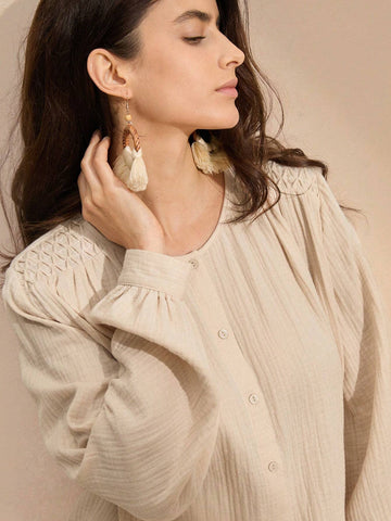 Anewsta Women's Simple And Casual Solid Color Long Sleeve Shirt