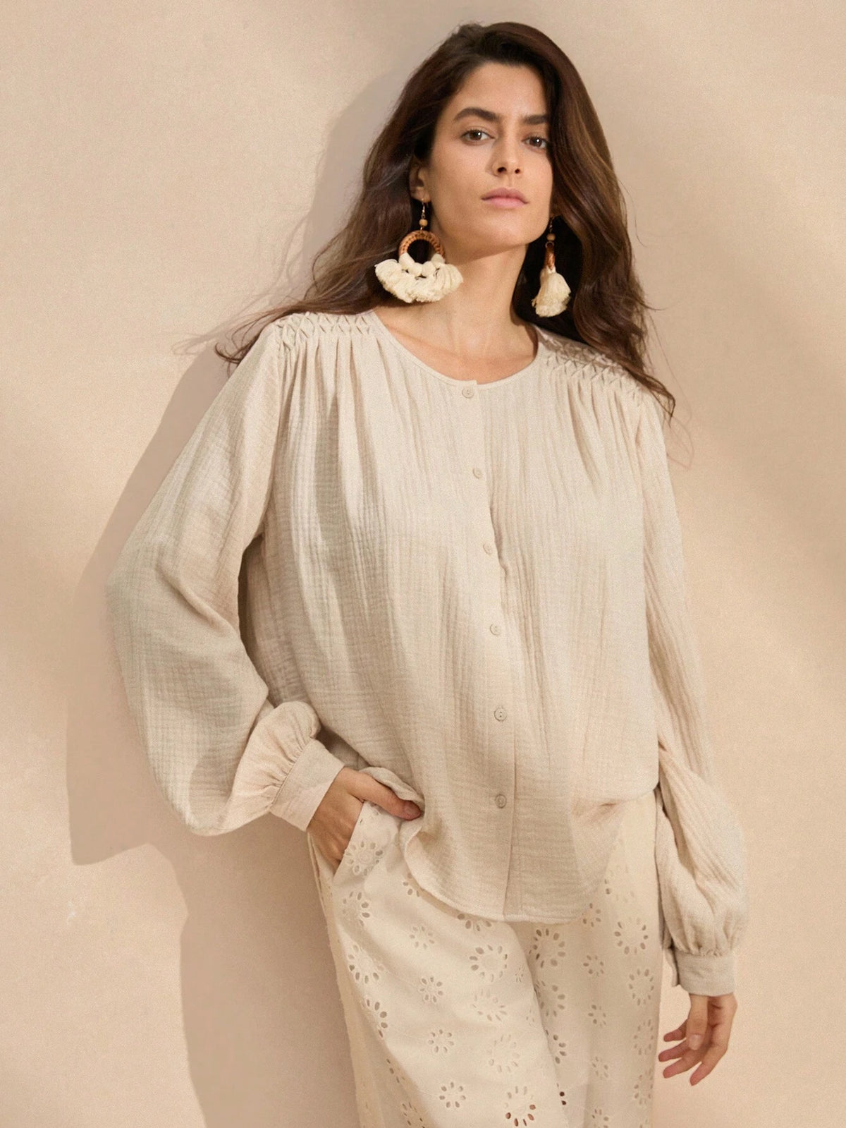 Anewsta Women's Simple And Casual Solid Color Long Sleeve Shirt