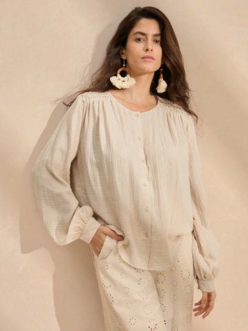 Anewsta Women's Simple And Casual Solid Color Long Sleeve Shirt