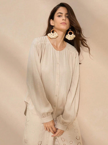 Anewsta Women's Simple And Casual Solid Color Long Sleeve Shirt