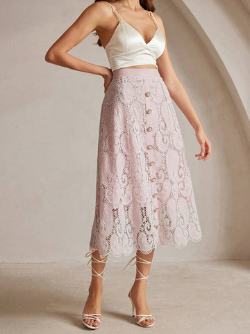 Anewsta Women's Single Breasted Scalloped Hem Elegant Floral Embroidered Skirt