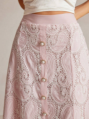 Anewsta Women's Single Breasted Scalloped Hem Elegant Floral Embroidered Skirt