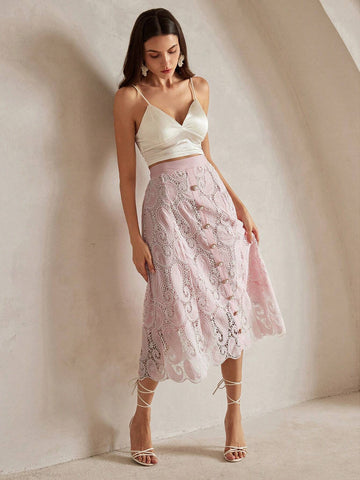 Anewsta Women's Single Breasted Scalloped Hem Elegant Floral Embroidered Skirt