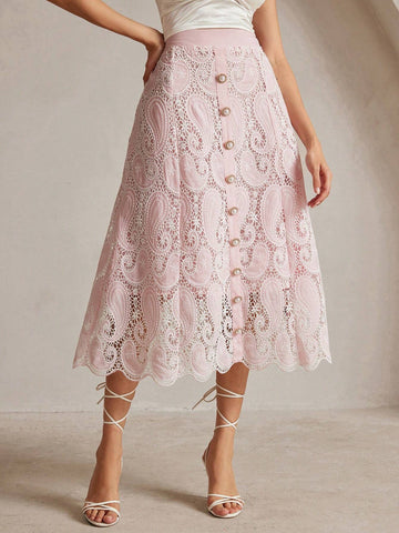Anewsta Women's Single Breasted Scalloped Hem Elegant Floral Embroidered Skirt