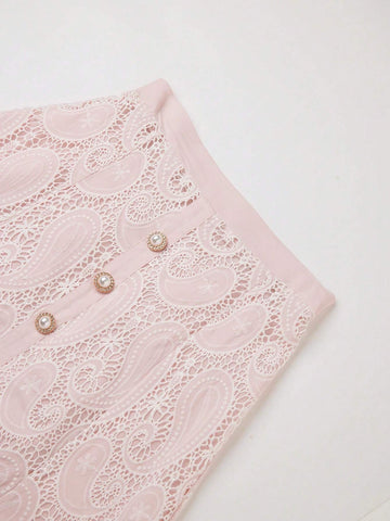 Anewsta Women's Single Breasted Scalloped Hem Elegant Floral Embroidered Skirt