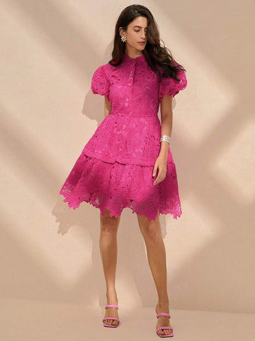 Anewsta Women's Solid Color Buttoned Puff Sleeve Summer Short Sleeve Dress