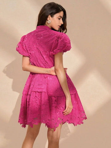 Anewsta Women's Solid Color Buttoned Puff Sleeve Summer Short Sleeve Dress