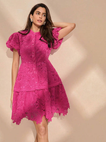 Anewsta Women's Solid Color Buttoned Puff Sleeve Summer Short Sleeve Dress