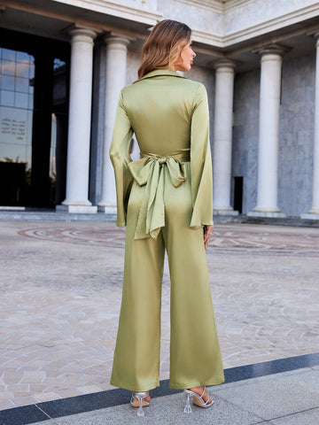 Anewsta Women's Solid Color Lapel Pleated Wide Leg Pants Jumpsuit