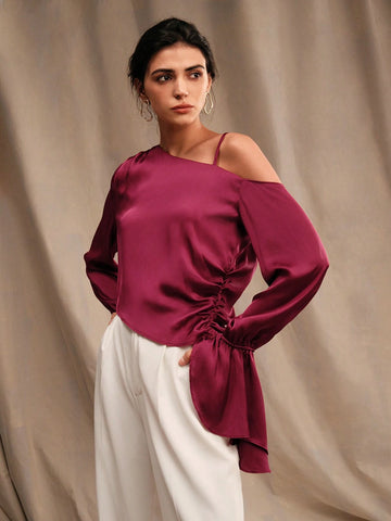 Anewsta Women's Solid Color Open Shoulder Flared Sleeve Casual Long-Sleeved Shirt