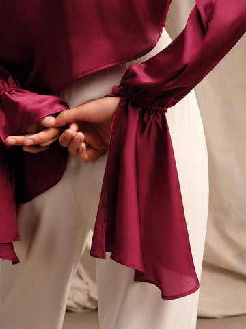 Anewsta Women's Solid Color Open Shoulder Flared Sleeve Casual Long-Sleeved Shirt