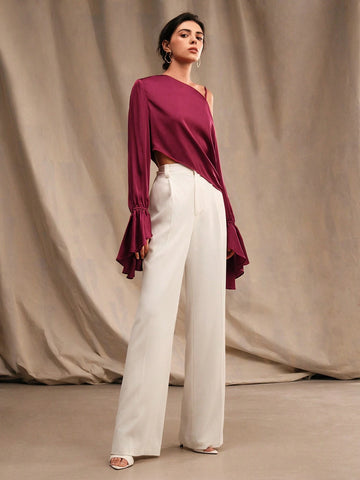 Anewsta Women's Solid Color Open Shoulder Flared Sleeve Casual Long-Sleeved Shirt