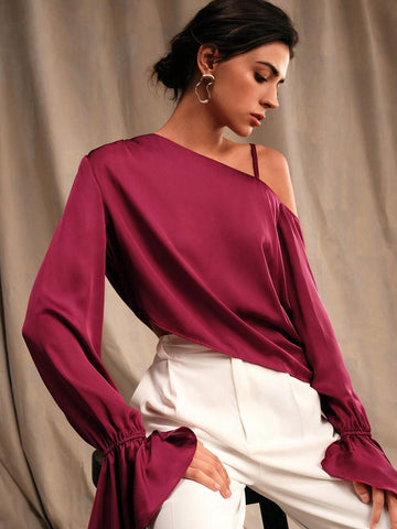 Anewsta Women's Solid Color Open Shoulder Flared Sleeve Casual Long-Sleeved Shirt