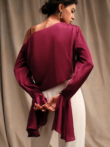 Anewsta Women's Solid Color Open Shoulder Flared Sleeve Casual Long-Sleeved Shirt