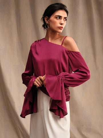 Anewsta Women's Solid Color Open Shoulder Flared Sleeve Casual Long-Sleeved Shirt