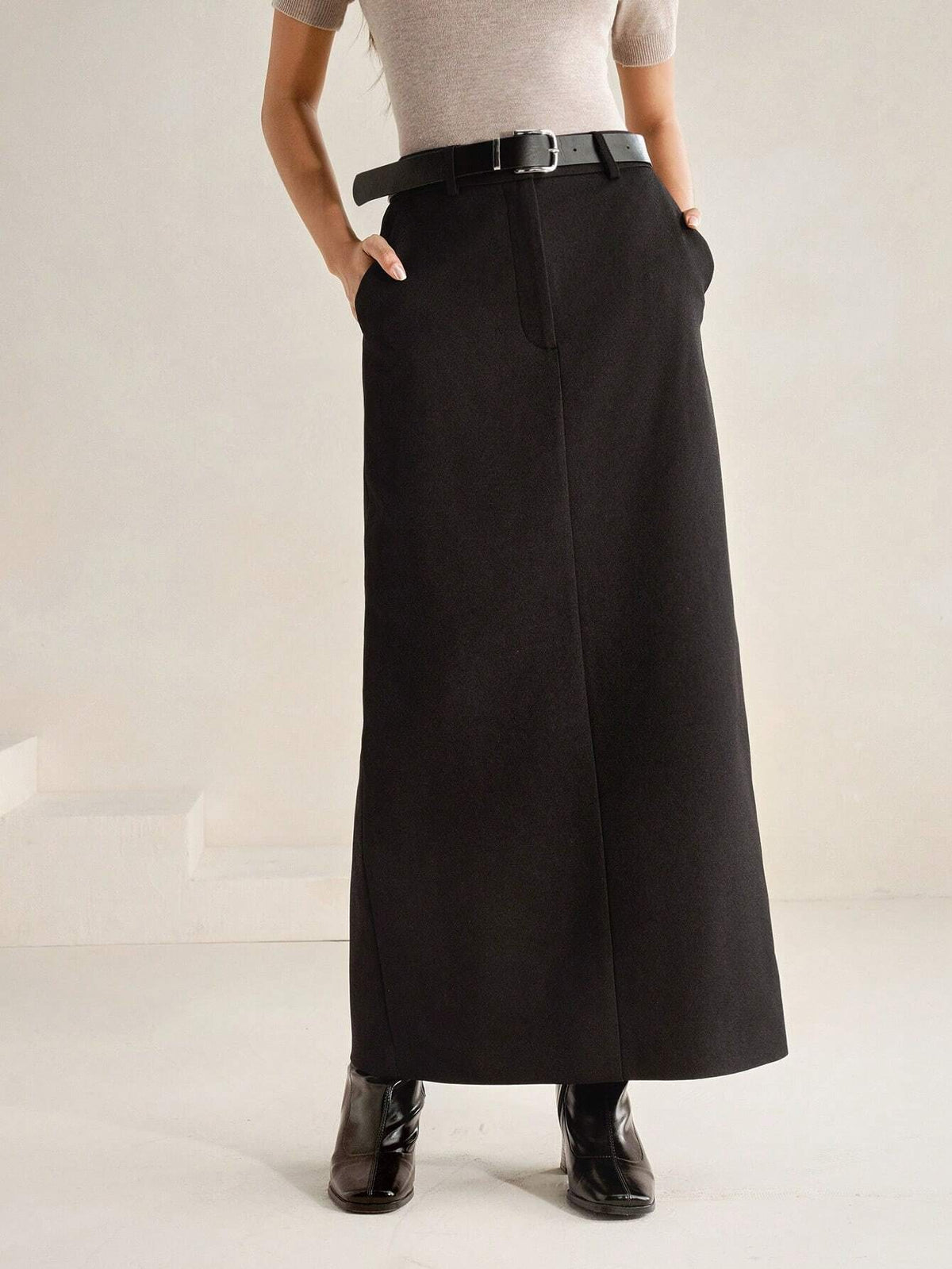 Anewsta Women's Solid Color Pocket Maxi Casual/Work Skirt