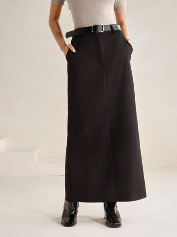Anewsta Women's Solid Color Pocket Maxi Casual/Work Skirt