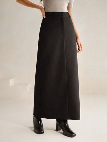 Anewsta Women's Solid Color Pocket Maxi Casual/Work Skirt