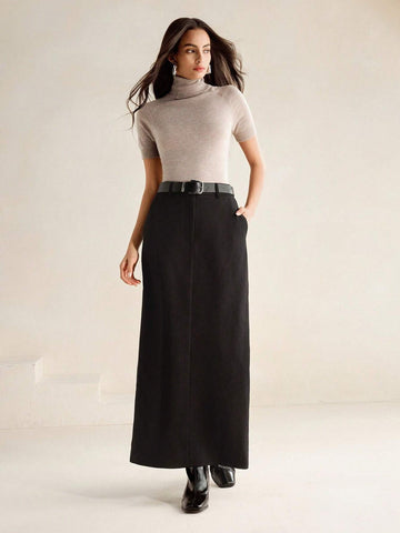 Anewsta Women's Solid Color Pocket Maxi Casual/Work Skirt