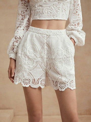 Anewsta Women's Solid Color Simple Daily Casual Lace Shorts