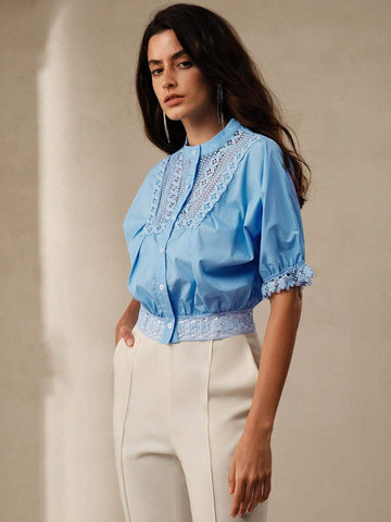 Anewsta Women's Solid Color Splice Short Sleeve Shirt With Single-Breasted Puff Sleeve For Summer