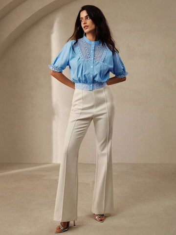 Anewsta Women's Solid Color Splice Short Sleeve Shirt With Single-Breasted Puff Sleeve For Summer