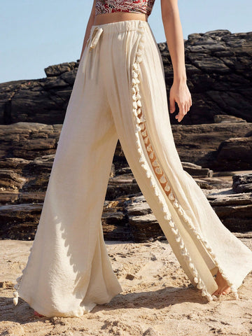 Anewsta Women's Solid Color Wide Leg Pants With Side Slit And Tassel Decor