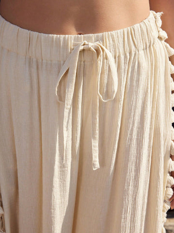 Anewsta Women's Solid Color Wide Leg Pants With Side Slit And Tassel Decor