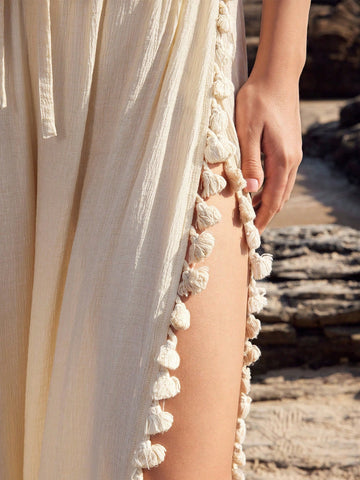 Anewsta Women's Solid Color Wide Leg Pants With Side Slit And Tassel Decor