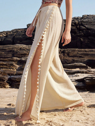 Anewsta Women's Solid Color Wide Leg Pants With Side Slit And Tassel Decor