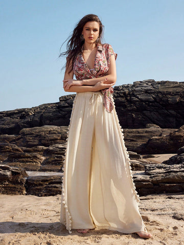 Anewsta Women's Solid Color Wide Leg Pants With Side Slit And Tassel Decor