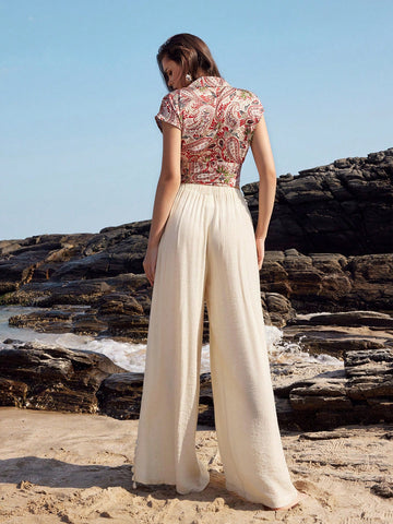 Anewsta Women's Solid Color Wide Leg Pants With Side Slit And Tassel Decor