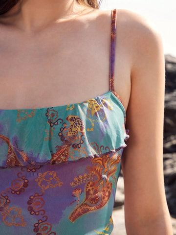 Anewsta Women's Spaghetti Strap Dress With Asymmetric Hem, Ruffle Detail