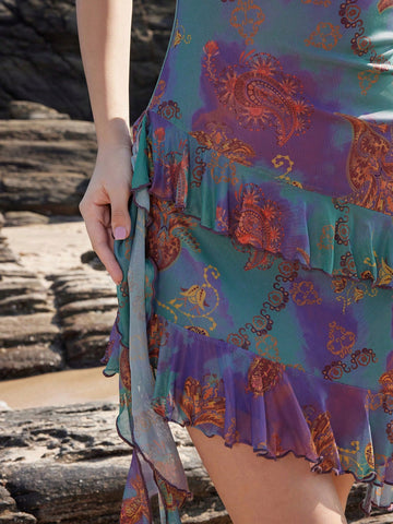 Anewsta Women's Spaghetti Strap Dress With Asymmetric Hem, Ruffle Detail