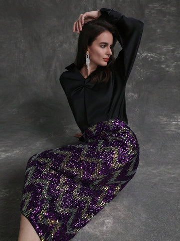 Anewsta Women's Sparkling Shiny Glitter Back Slit Maxi Skirt